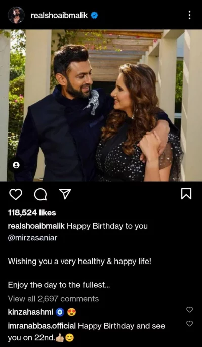 Shoaib Malik Pens A Sweet Birthday Wish For Wife Sania Mirza