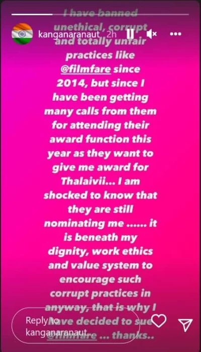 Kangana took to the story section of her Instagram 
