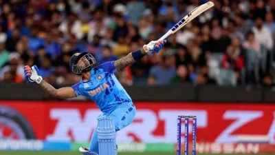 Suryakumar Yadav while playing a shot in a T20 match. Photo: Collected