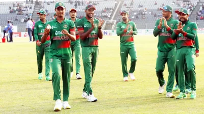Hasan Mahmud proudly walks off after his maiden ODI five-for against Ireland in Sylhet on Thursday. Photo: Collected