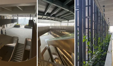 Breezeways with social interaction space; extensive use of Escalators as efficient people movers; vertical metal louvers