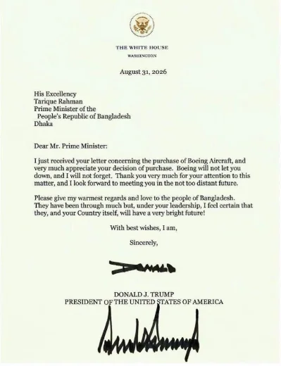 President Trump&rsquo;s Letter to PM Tarique 